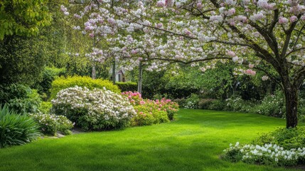 Springtime home surrounded by lush greenery and blooming trees, embodying serene natural beauty.	