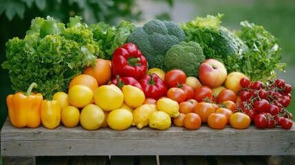 Fresh fruits and vegetables on a wooden table, with natural light and the lighting effect