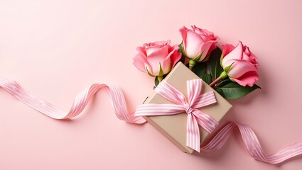 Pink roses, striped pink ribbon, soft pink background, romantic floral arrangement, Valentine's Day