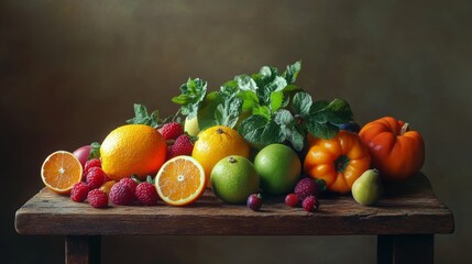Fresh Fruits Vegetables on a Rustic Wooden Table Display A Still Life Arrangement of Fresh Fruits And Vegetables with Vibrant Colors and Textures on a Wooden Surface. The Arrangement contains a