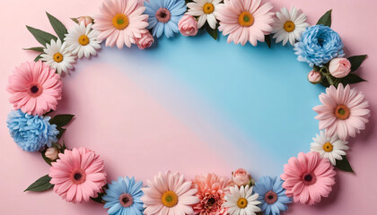 Various flowers arranged around the edges of a pink-blue pastel gradient background, leaving the middle open for text.