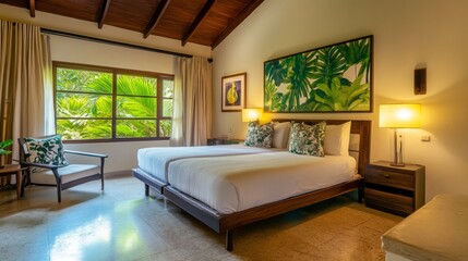 Tropical villa with modern bedroom and lush garden, blending clean design and natural serenity.