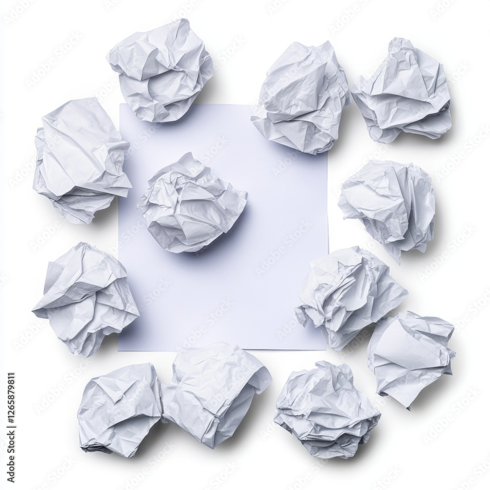 Poster creative process concept with crumpled papers surrounding a clean sheet in a circular arrangement