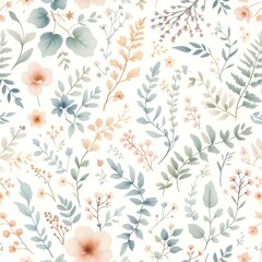 Seamless Pattern of Delicate Watercolor Floral Illustrations on White Background