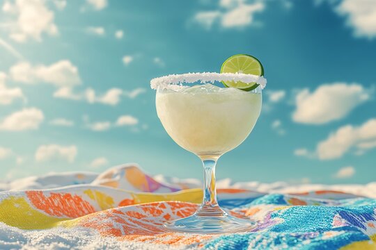 A frosty blended margarita in a salt-rimmed glass, garnished with a lime wedge, placed on a colorful beach towel under a clear blue sky.