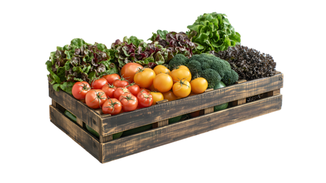 Fresh Organic Vegetables Wooden Crate with Tomatoes, Broccoli, and Lettuce for Healthy Diets, isolated on transparent background. - Powered by Adobe