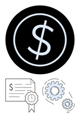 Prominent dollar sign in circle represents finance certificate with ribbon symbolizes achievement interconnected gears denote efficiency. Ideal for finance, business growth, achievement