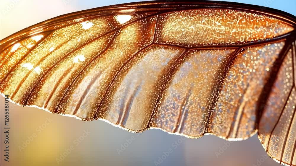 Poster a close-up view of a butterfly wing, showcasing its intricate patterns and translucent textures illu