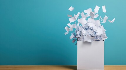 Creative Concept of Paper Scraps Overflowing from White Box Against Bright Blue Background