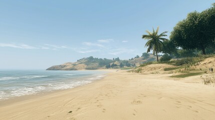 Tropical beach scene with gentle waves and palm trees