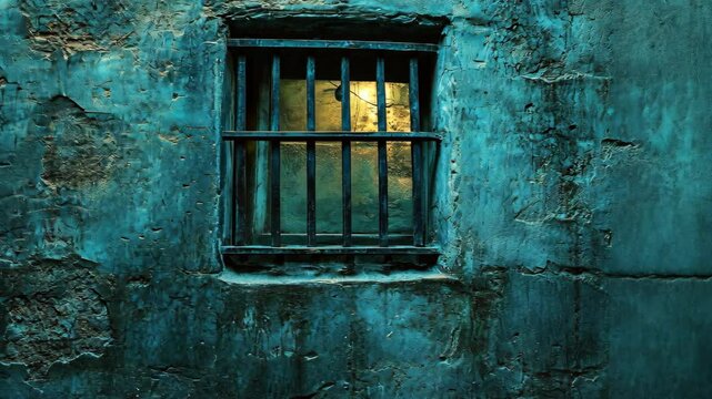 Prison window casting light in an old, weathered wall made of textured stone in dim surroundings