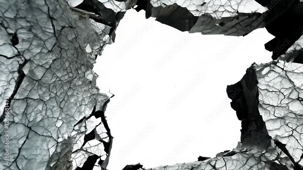 Poster dolly video of a cinematic abstract scene highlighting a cracked screen effect with large, missing c