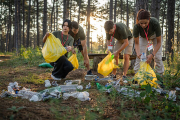 teenage friends young men women pick up waste garbage to clean forest