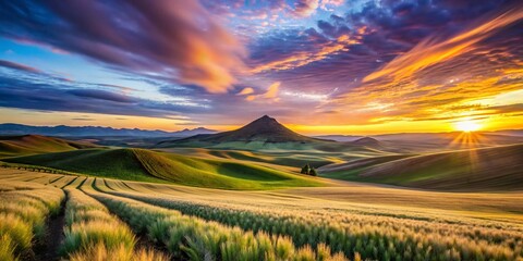 Obraz premium Long Exposure Photography: Lentil Field Sunset at Steptoe Butte, Washington State