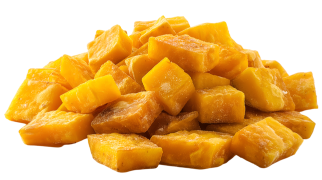 Golden Sweet Potato Cubes Healthy Vegan Snack, Dried Fruit for Tasty Treats, isolated on transparent background.