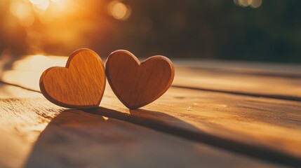 Fototapeta premium Two wooden hearts on a rustic table, bathed in warm sunlight, evoke a sense of natural warmth and simplicity. 