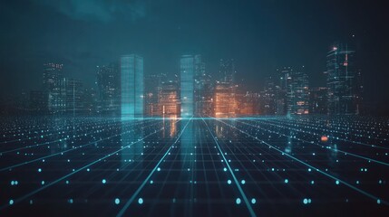 Futuristic city skyline with grid road for tech and urban development concepts
