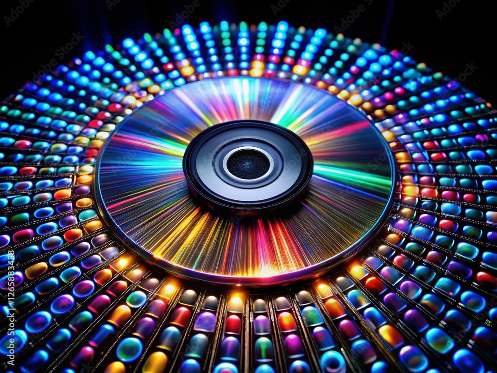 Poster long exposure photo of cd made from keyboard buttons on black background - it technology concept