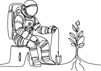 Astronaut Planting in Outer Space. Artistic Line Drawing Vector Design