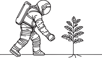 Astronaut Planting in Outer Space. Artistic Line Drawing Vector Design