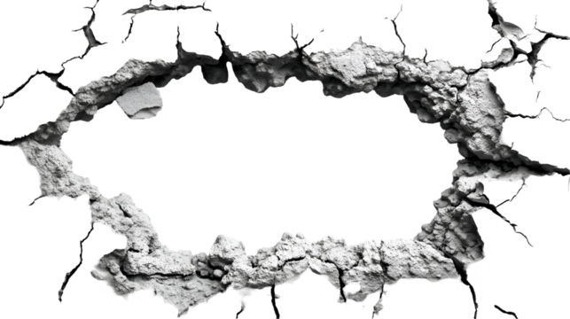 Gray Concrete Crack Abstract Wall Texture, Aged Stone with Rough Decay, isolated on transparent background.