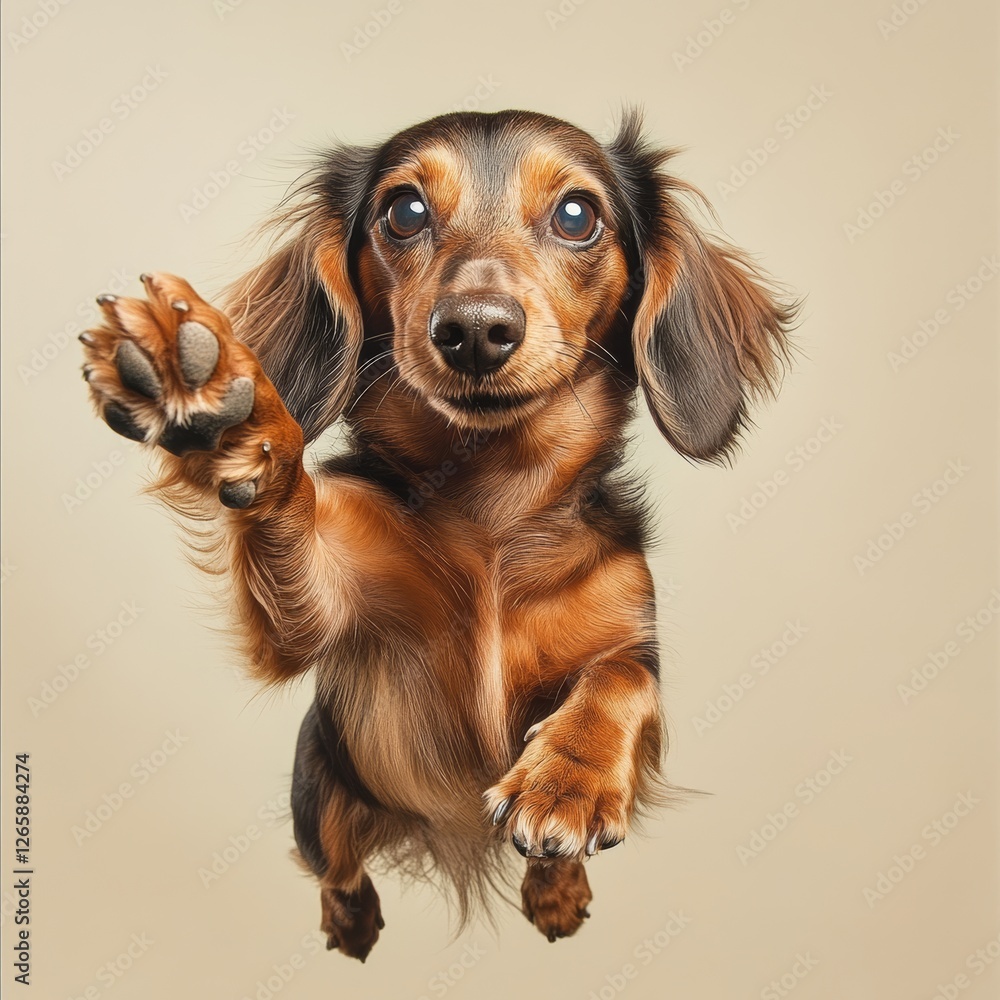 Poster Playful Dachshund Dog Pawing at Invisible Object in Studio Setting