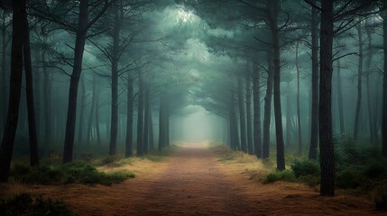 Naklejka premium Misty Forest Path Through Tall Pine Trees
