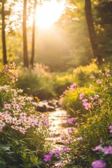 Obraz premium Beautiful colorful wild flowers in deep foggy forest with sun light in Spring.