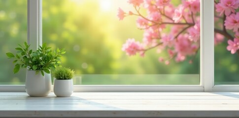 Fototapeta premium Clean white wooden table, expansive spring window view, ample copy space, white, daylight, photography