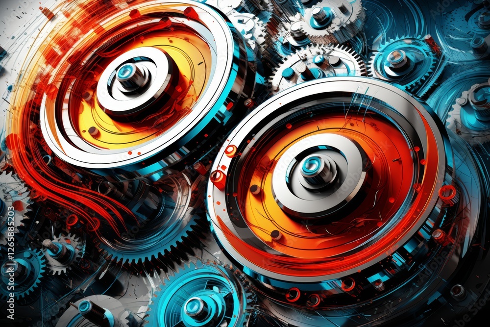 Poster abstract technical drawing featuring interconnected cylinders and curves in a vibrant color palette