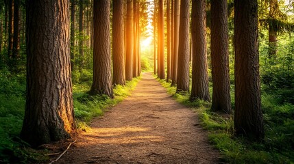 Obraz premium Sunlit Path Through Tall Forest Trees
