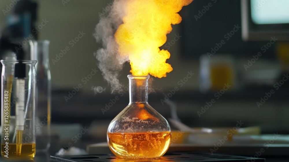 Poster dramatic experiment: flame erupting from scientific flask in laboratory setting