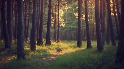 Naklejka premium Golden Sunlight Illuminates A Forest Path Between Trees