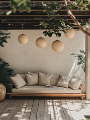 Outdoor daybed with cushions and hanging woven spherical lamps