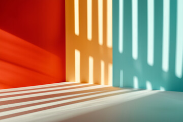 Obraz premium Abstract empty room interior with colorful shadows from the window. The colors include reds, oranges, yellows, greens, blues, whites, and beige. Product display or presentation background.