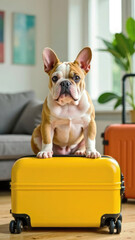 Happy dog sitting in yellow siutcase on apartment background. Vacation with pets. Concept of travel and life with animal. Pet friendly hotels, rent apartment, airport and plane