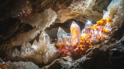 Beautiful quartz crystals and vibrant minerals shine in a stunning cave formation