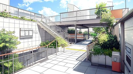 Empty Urban Street With Footbridge And Stairs In Japan