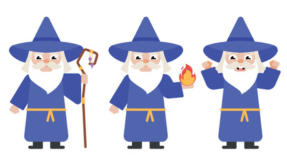 A wizard character in various poses suitable for animation. Flat design wizard