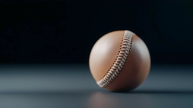Close Up of a Worn Leather Baseball With White Stitches on Dark Background