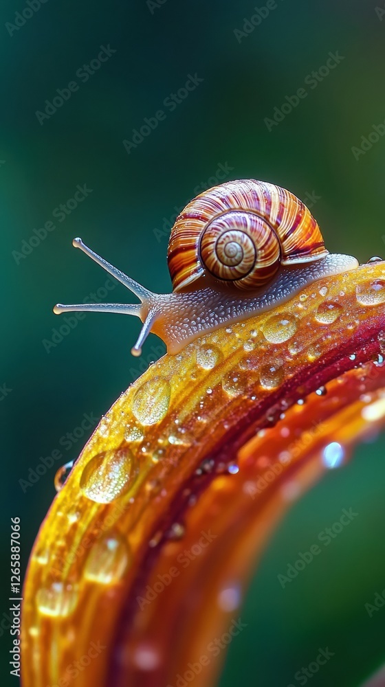 Poster snail gliding over colorful leaf with water droplets in a serene garden setting during daytime. gene