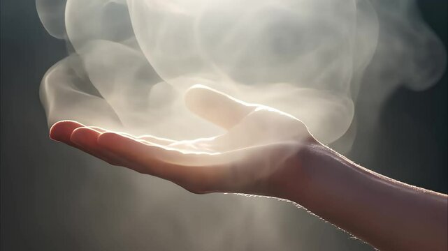 A hand is extended with wisps of smoke or vapor rising from its palm, creating a mystical and ethereal effect.