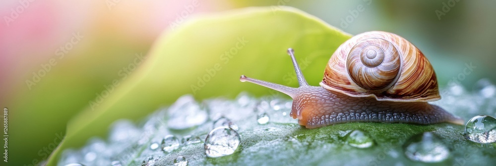 Poster snail exploring a droplet-covered green leaf in a tranquil morning setting with soft sunlight. gener