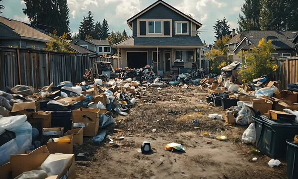 Suburban House Overwhelmed by Mountains of Household Trash and Rubbish