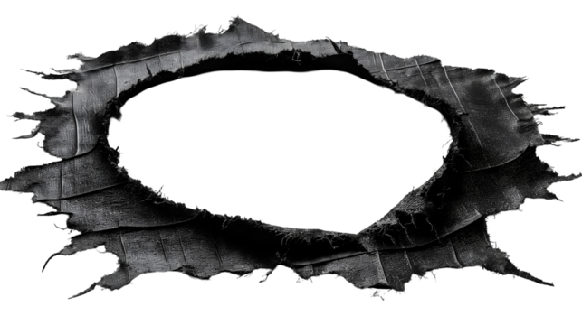 Black Fabric Ripped Oval Abstract Texture, Dark and Gray Torn Background Design, isolated on transparent background.