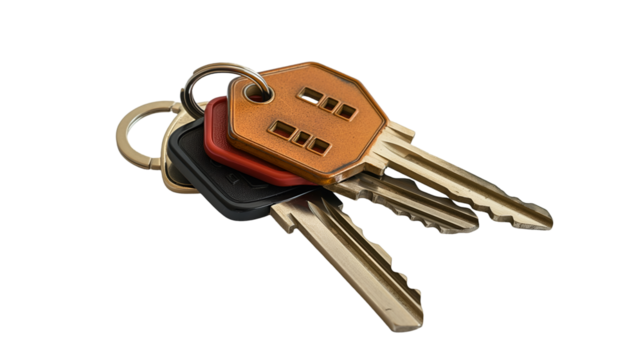 House Keyring Modern Real Estate Keys, Red and Gold Design for New Home Ownership, isolated on transparent background.