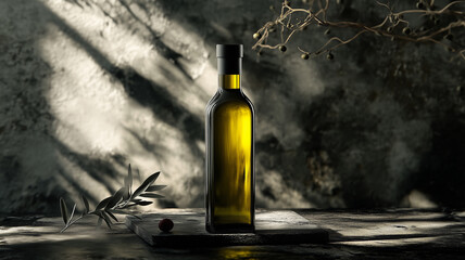Elegant Olive Oil Bottle in Dramatic Light and Shadow