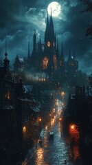 Fototapeta premium Castle night fantasy gothic misty composition high resolution hd photo
