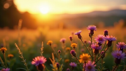 Golden hour illuminates flowering heather and grasses , europe, purple, vegetation