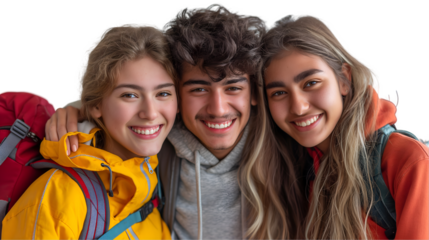 Happy Teenagers Diverse Friends with Backpacks, Joyful Travel Group, isolated on transparent background.